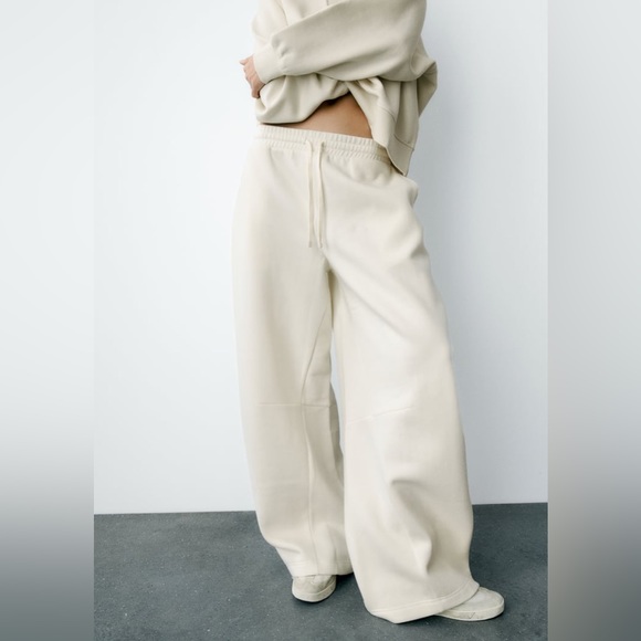 Zara Nwt Cream Wide Leg Baggy Tracksuit Pants Joggers - Picture 1 of 8